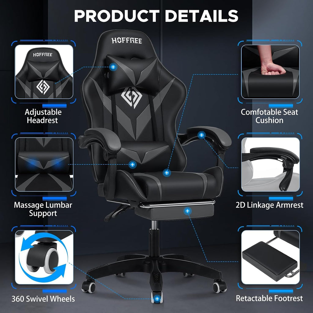 Gaming Chair with Massage Ergonomic Computer Chair with Footrest Reclining Video Game Chair for Boys with Adjustable Armrest Black