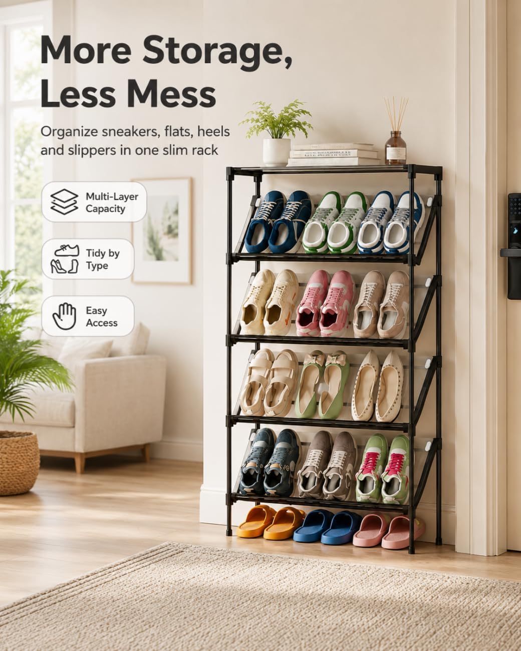 Space-Saving Angled Shoe Rack, 5/6-Tier Slim Entryway Organizer (5-Layer)