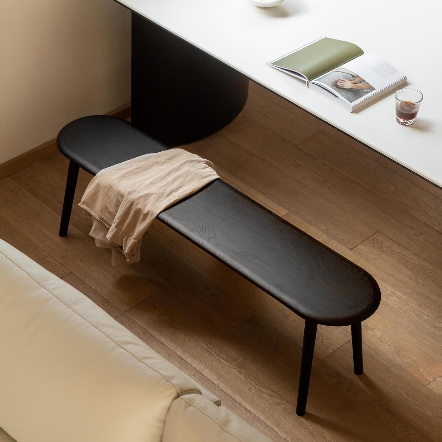 100% Solid Oak Dining Bench, Wood Bench for End of Bed with Rounded Corners, Entryway Benches for Entrance, Hallway, Kitchen, Living Room(Oak Black,12" L x 47.2" W x 16.2" H)