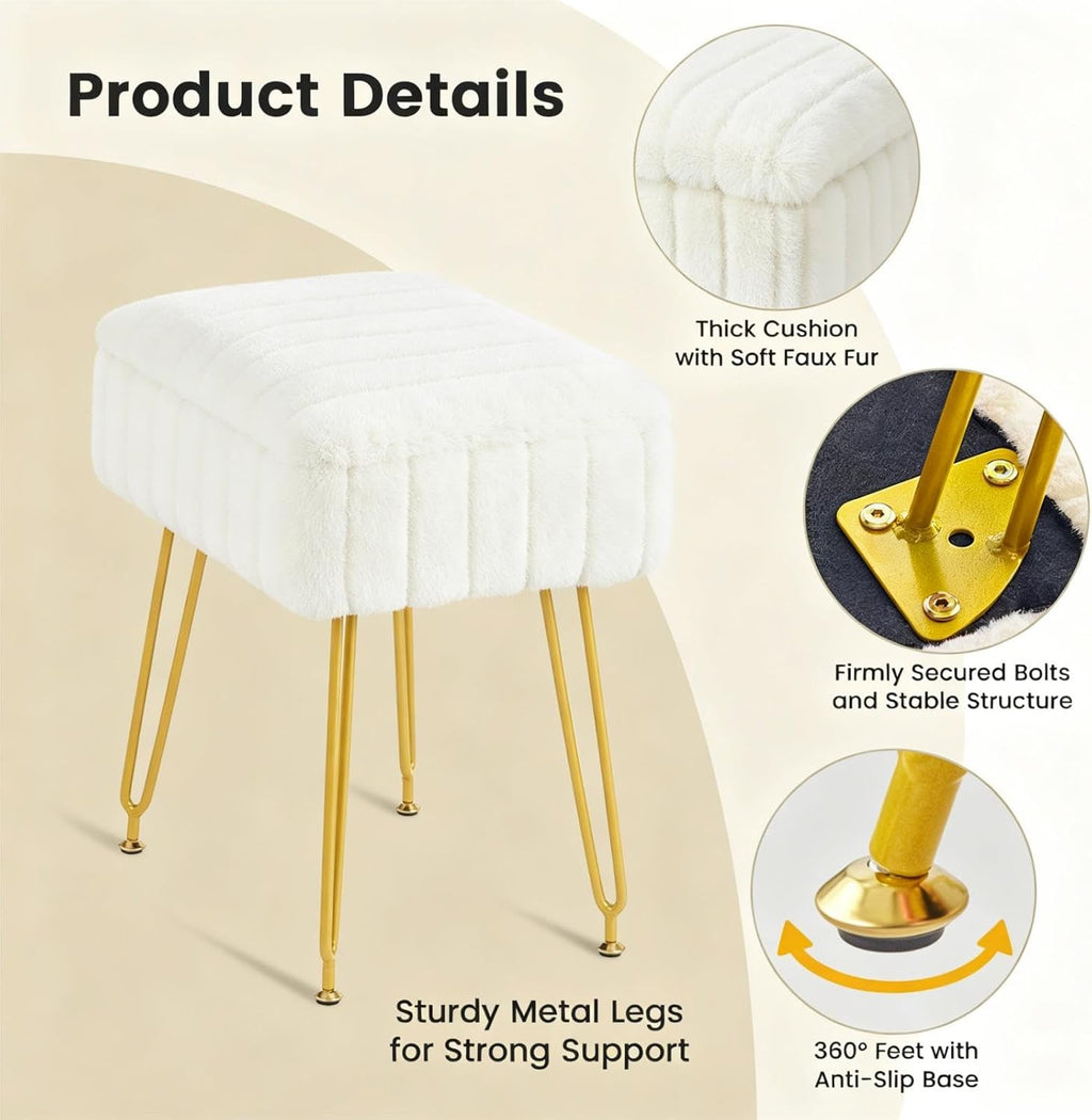 FUXA Vanity Stool Chair with Storage, White Faux Fur Makeup Chair with 4 Metal Legs and Anti-Slip Feet, Soft Padded Seat, Small Footrest Footstool Ottoman, Multifunctional Stool for Bedroom