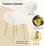 FUXA Vanity Stool Chair with Storage, White Faux Fur Makeup Chair with 4 Metal Legs and Anti-Slip Feet, Soft Padded Seat, Small Footrest Footstool Ottoman, Multifunctional Stool for Bedroom