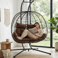 Wicker Double Hanging Egg Chair with Stasnd - Outdoor Porch Patio Swing Chair with Cushion for 2 Person, Rattan Hammock Chairs for Outside, Garden, Balcony (Brown)