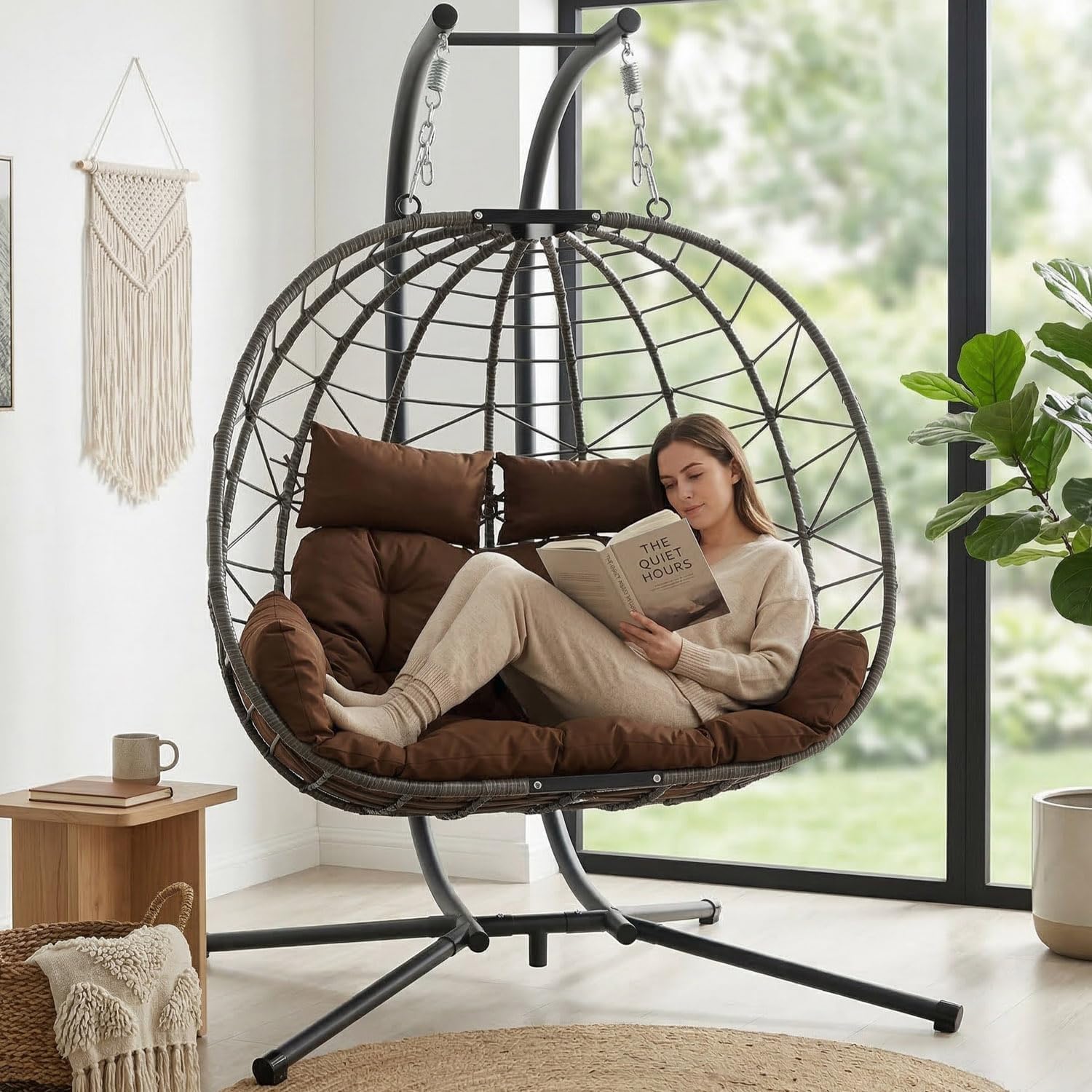 Wicker Double Hanging Egg Chair with Stasnd - Outdoor Porch Patio Swing Chair with Cushion for 2 Person, Rattan Hammock Chairs for Outside, Garden, Balcony (Brown)