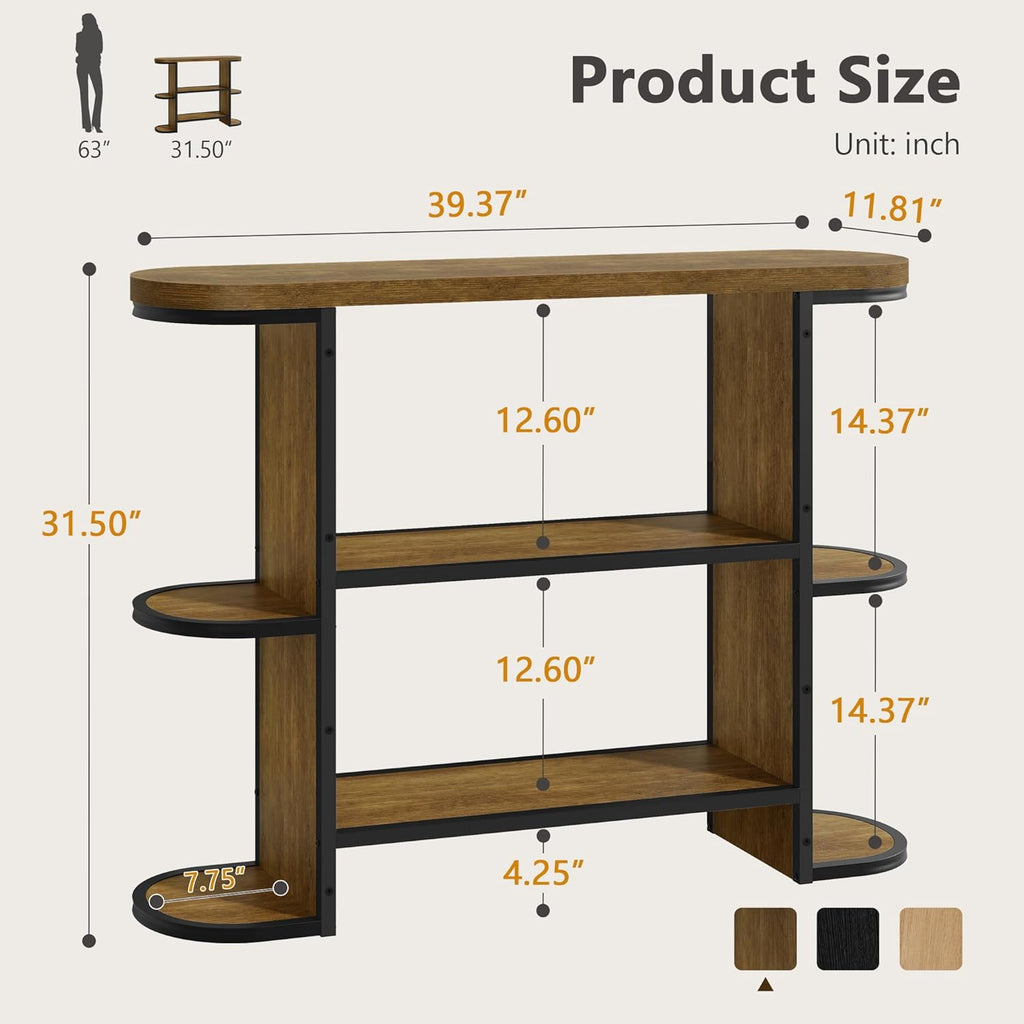 Gewudraw 39” Console Table with Storage, 3 Tier Entryway Table with Round Corners, Industrial Narrow Sofa Table Behind Couch for Living Room, Hallway, Entryway, Rustic Brown