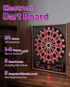Electronic Dart Board with Cabinet Set, Dartboard with 8-Player Color Light | 3 Large LCD Displays with 34 Games, Automatic Scoring, 12 Darts+100 Tips, Great Gift for Man Cave Game Room Home Bar