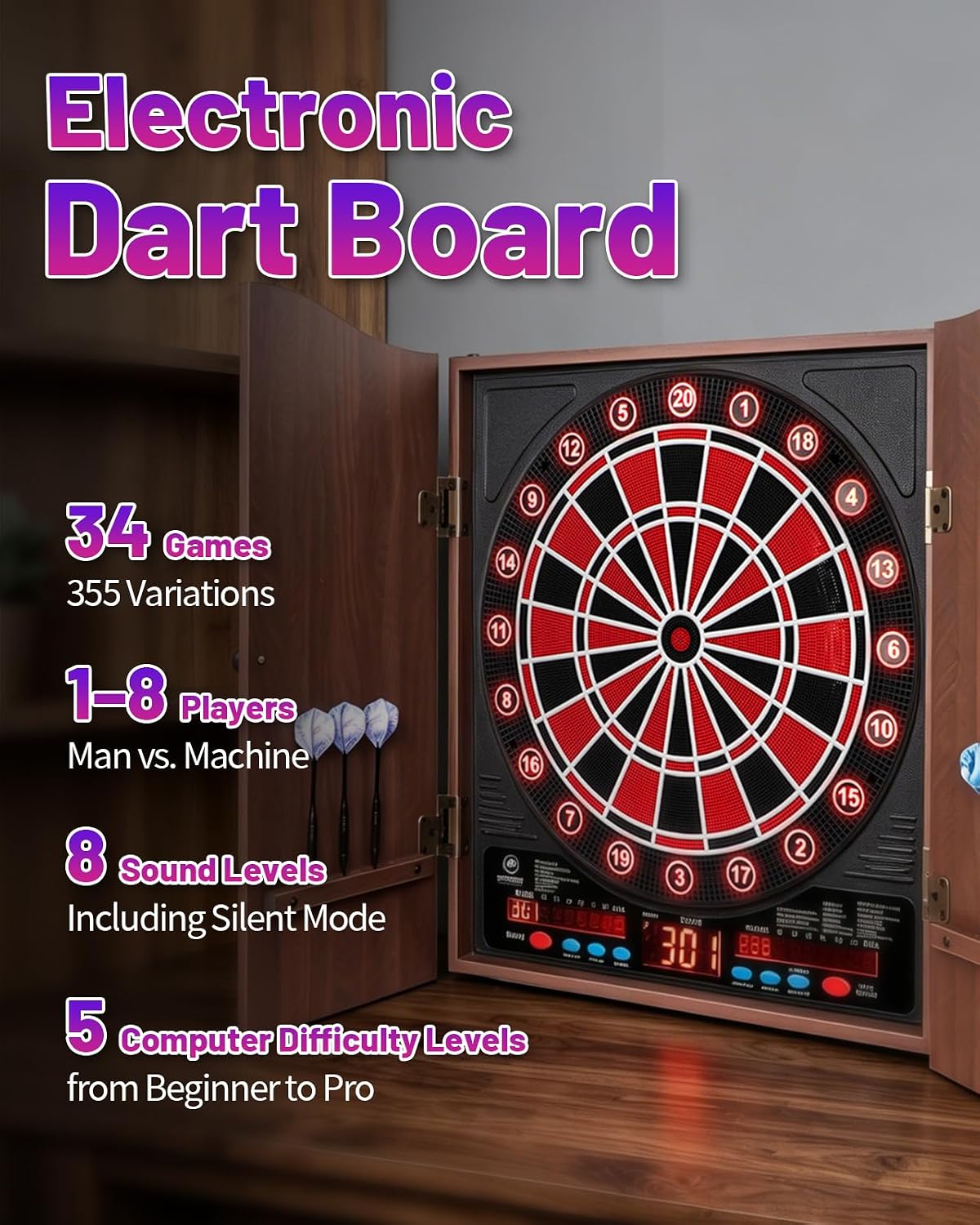 Electronic Dart Board with Cabinet Set, Dartboard with 8-Player Color Light | 3 Large LCD Displays with 34 Games, Automatic Scoring, 12 Darts+100 Tips, Great Gift for Man Cave Game Room Home Bar