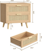 Keehusux 23.6" W Rattan Nightstand with Charging Station and 2 Drawers | Large Bedside Table, Wooden End Table with Solid Wood Legs, Boho Night Stand for Bedroom, Natural Oak KES009MECTG