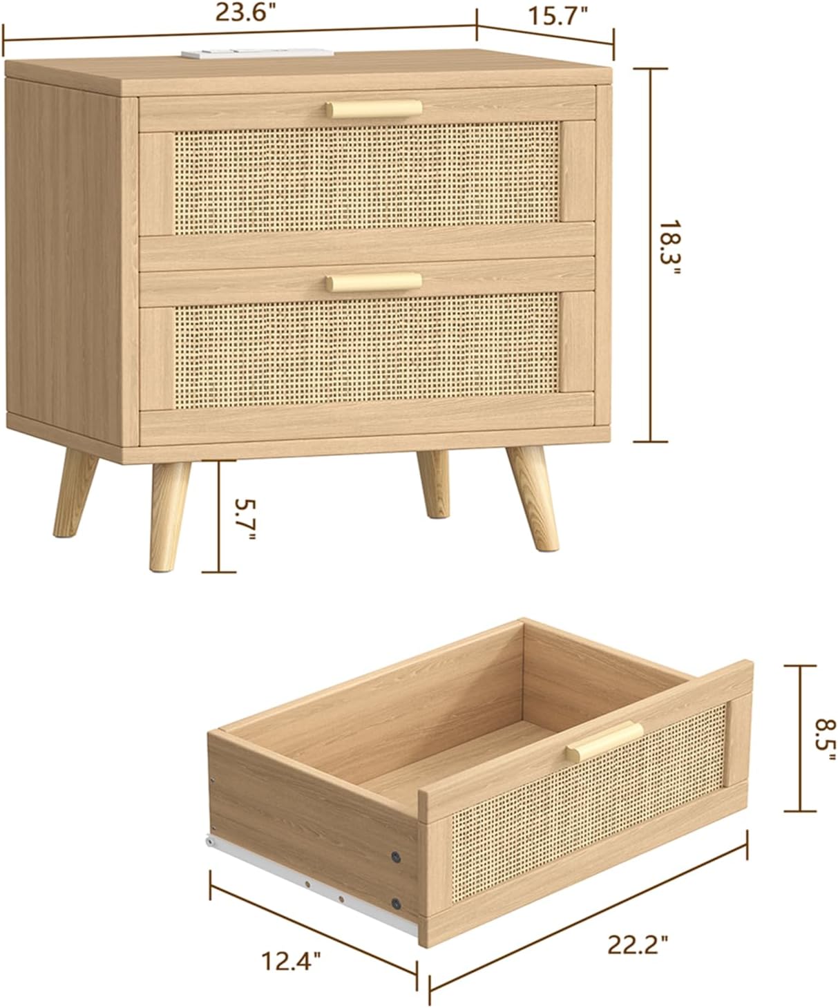 Keehusux 23.6" W Rattan Nightstand with Charging Station and 2 Drawers | Large Bedside Table, Wooden End Table with Solid Wood Legs, Boho Night Stand for Bedroom, Natural Oak KES009MECTG