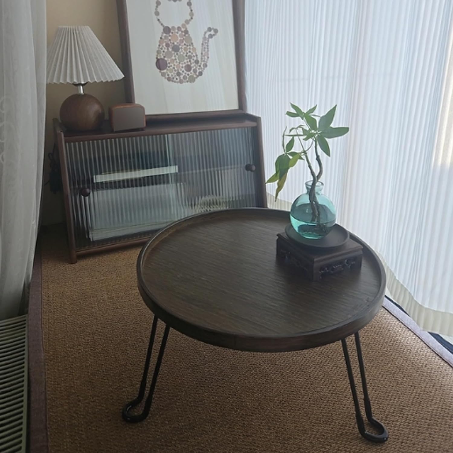 Round Coffee Table Sofa Side Table with Fluted Simple Center Table for Living Room, Farmhouse Cocktail Table End Table Multifunctional for Plant Shelf Indoor/Outdoor(Brown,40x40x32cm/16x16x13in)