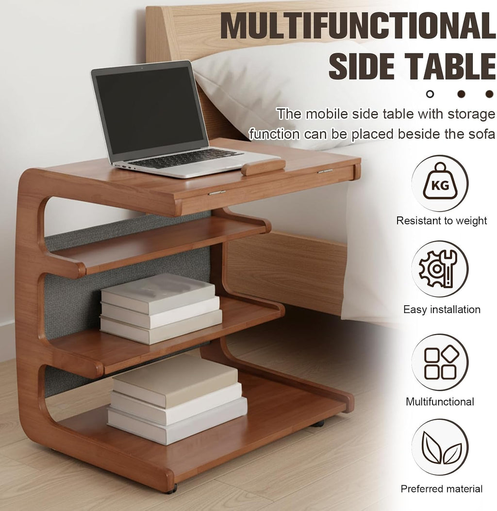 C-Shaped End Table with 2 Lockable Wheels 4-Tier Small Side Table with Storage Bag Adjustable Desktop 360 Degree Swivel TV Tray for Living Room Bedroom Use (Natural Wood Color 60CM)