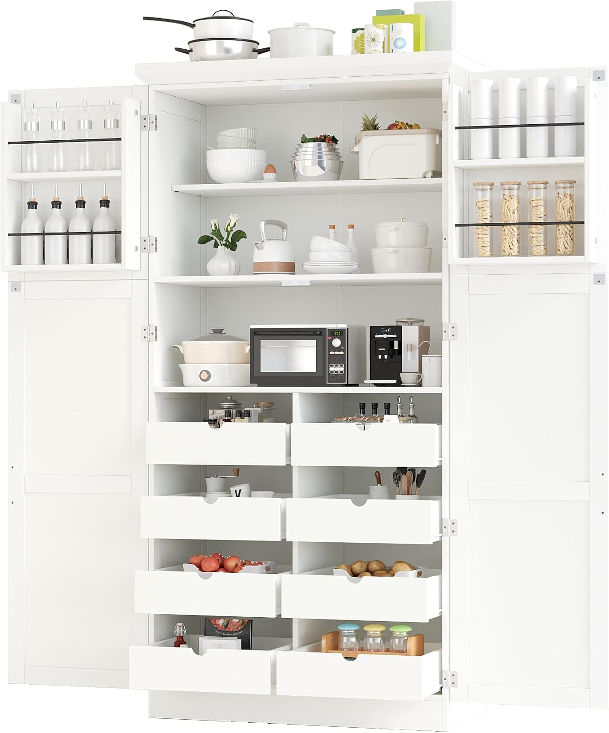 SOFTSEA Tall Kitchen Pantry Cabinet for Dining Room, Kitchen Hutch with 8 Pull-Out Trays, Freestanding Storage Cabinet with Adjustable Shelves and 2 Door Shelves, 35.5x17.6x70.9 Inch, White