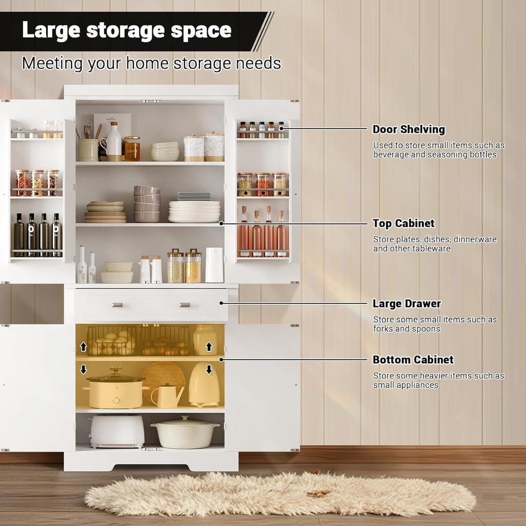 71.7 Inch Kitchen Pantry Cabinet,Freestanding High Cupboard Bathroom Storage Cabinet with 2 Drawer & Cabinets, 3 Adjustable Shelves, 6 Door Shelves,for Living Room, Kitchen White