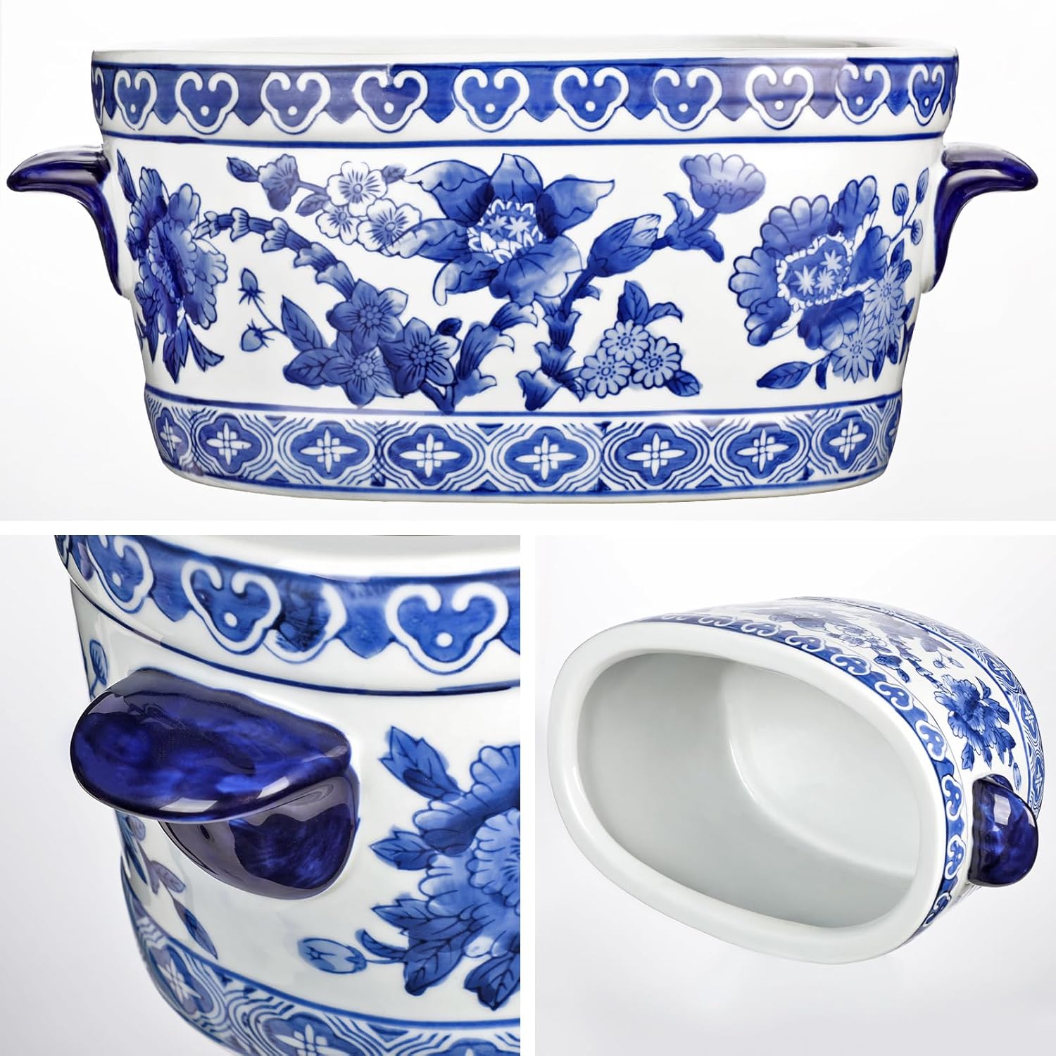 Blue and White Ceramic Planter Pot – Vintage Floral Oval Cachepot Vase for Indoor Plants, Flowers & Succulents – Glazed Chinese Porcelain Style Decorative Bowl –10.6" Size – No Drainage