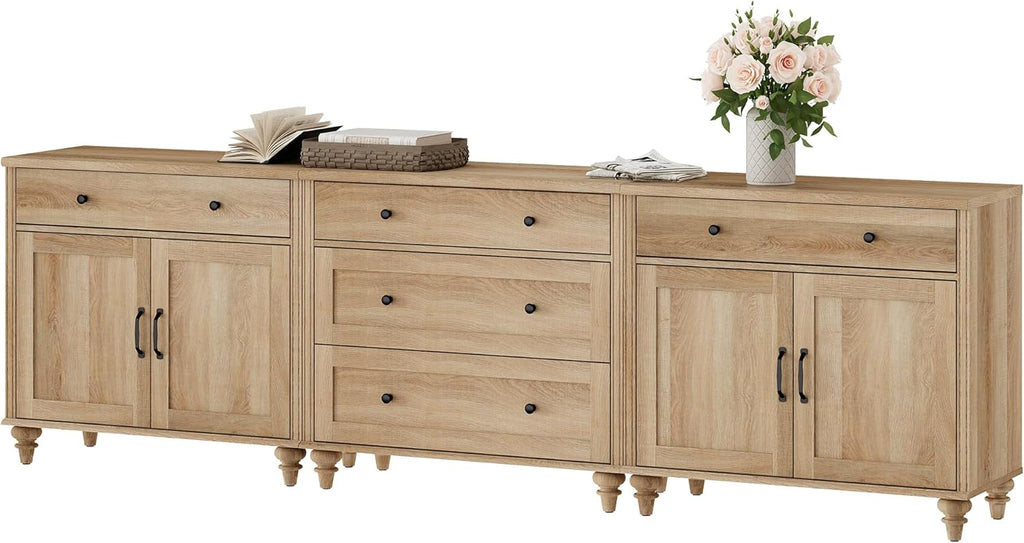WAMPAT Buffet Cabinet with 5 Drawers and 4 Doors, Vintage Wood Grain Design, Farmhouse Coffee Bar with Storage, Morden Sideboard Cabinet for Dinning Room, Kitchen, and Living Room, 101 inch, Oak