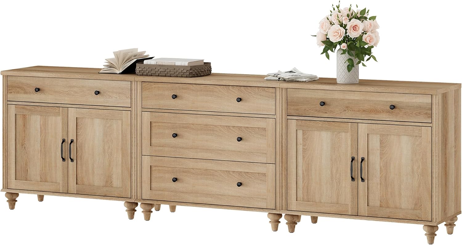 WAMPAT Buffet Cabinet with 5 Drawers and 4 Doors, Vintage Wood Grain Design, Farmhouse Coffee Bar with Storage, Morden Sideboard Cabinet for Dinning Room, Kitchen, and Living Room, 101 inch, Oak