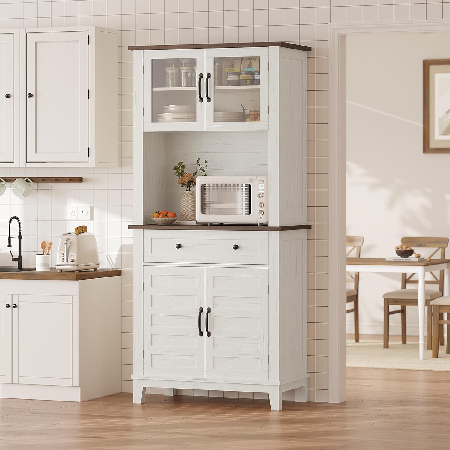 72-Inch Tall Pantry Storage Cabinet – Adjustable Shelves, 4 Glass & Wooden Doors, Large Drawer – Modern White and Brown Contrast – Dining, Kitchen or Living Room – Color: Brown and White Contrast