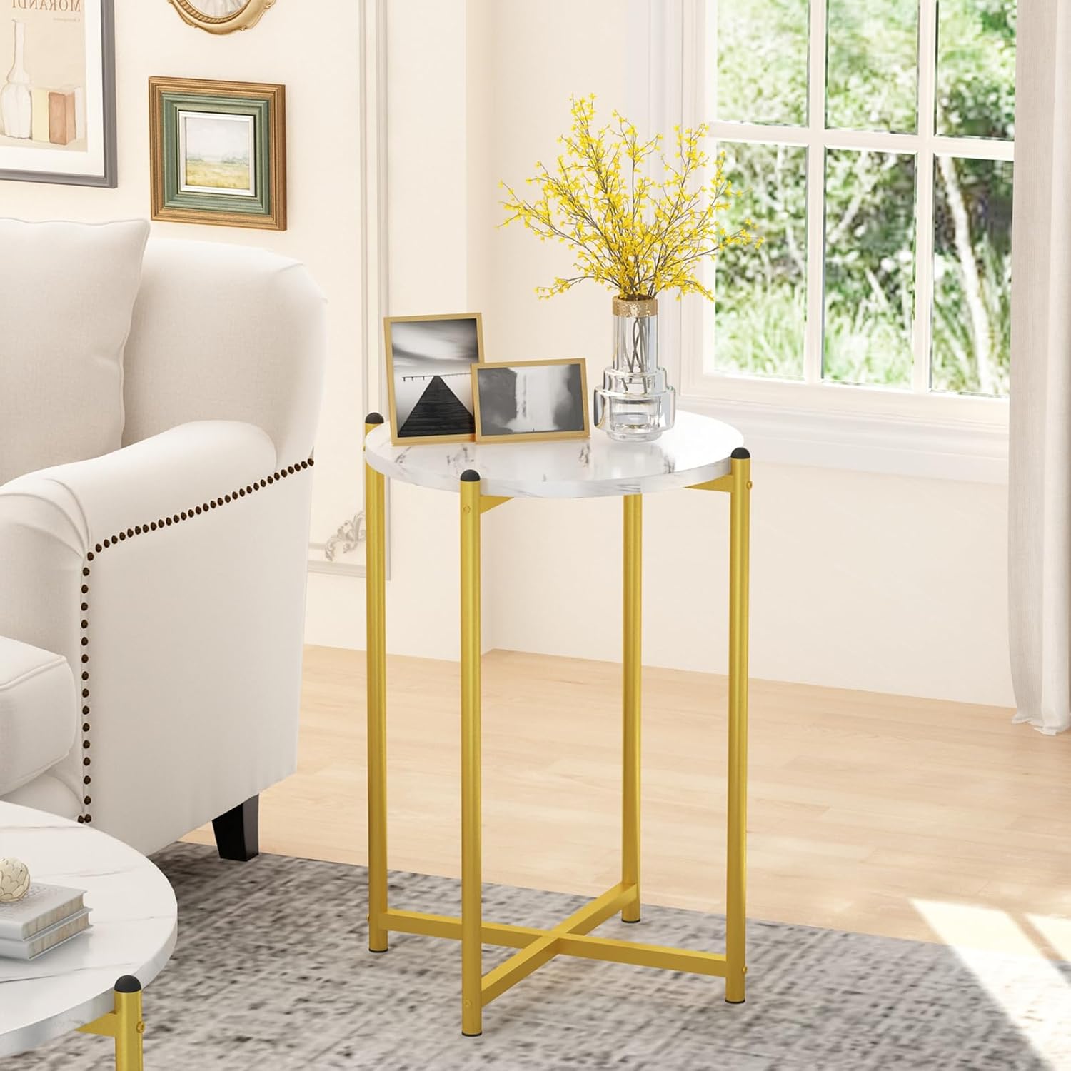 AWQM Faux Marble Coffee Table Set of 3, 1 Coffee Table & 2 Sofa Table, Round Tabletop and Metal Cross Base Frame,Perfect for Living Room Apartment, White