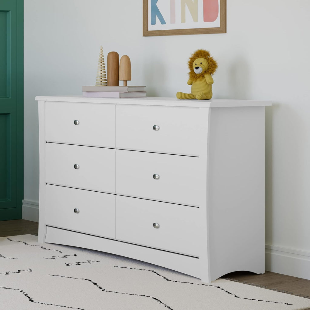 Storkcraft Crescent 6-Drawer Dresser, White | GREENGUARD Gold Certified, White Dresser for Bedroom, Kids & Nursery Storage Chest, Safety Interlocking Drawers, Kids Bedroom