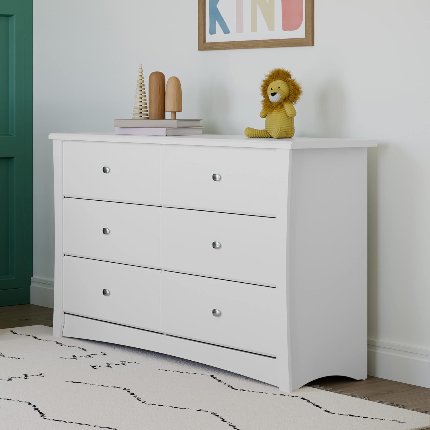 Storkcraft Crescent 6-Drawer Dresser, White | GREENGUARD Gold Certified, White Dresser for Bedroom, Kids & Nursery Storage Chest, Safety Interlocking Drawers, Kids Bedroom