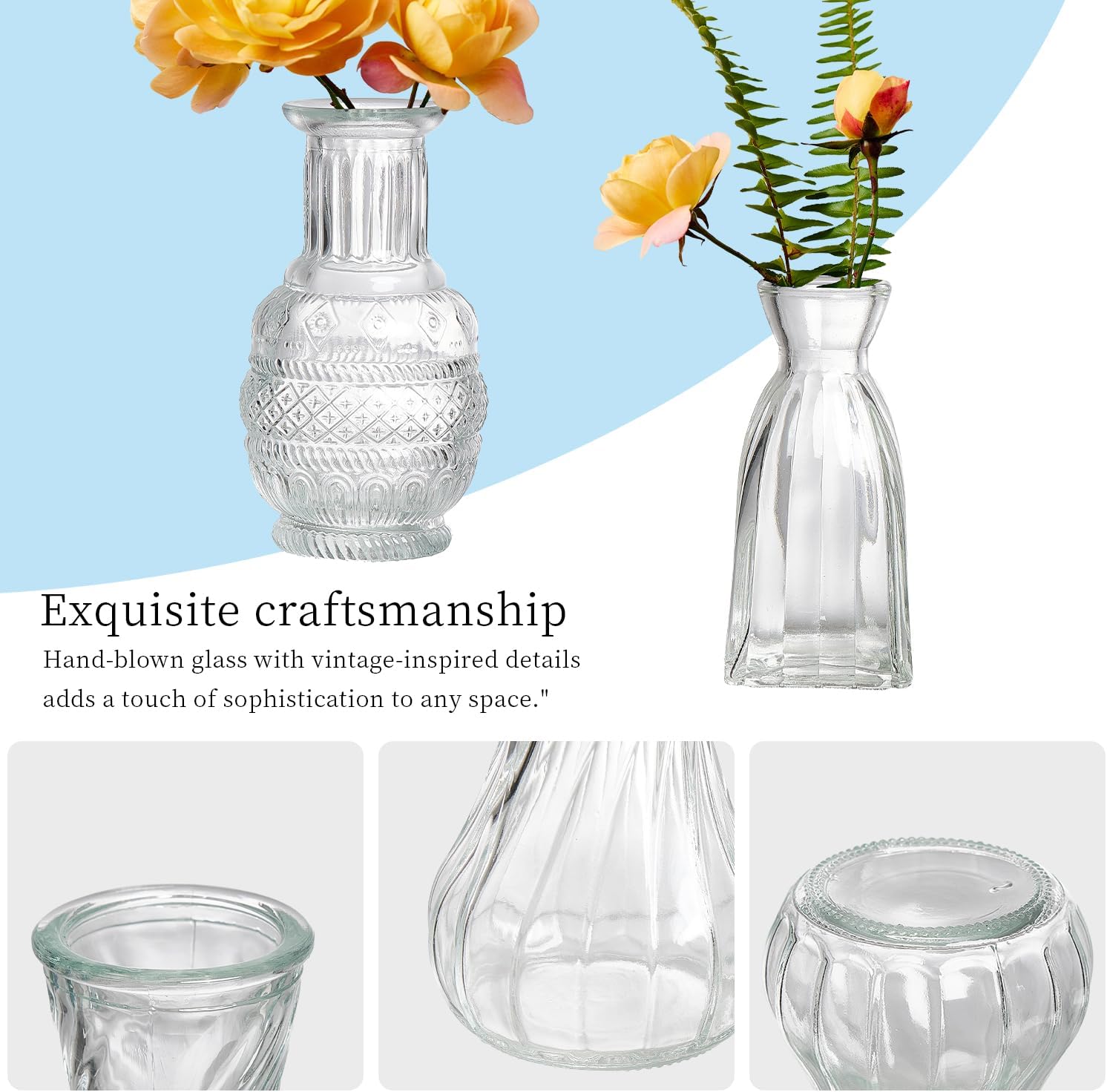 Glass Bud Vases Set of 16 - Assorted Small Mini Glass Vases for Flowers, Crystal Vintage Vase Set, Bulk Centerpieces for Table Décor, Wedding, Home and Events (Clear, 16 Pcs)