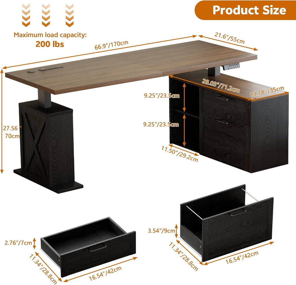 67" L Shaped Standing Desk with Drawers, Electric Height Adjustable Corner Desk, Sit Stand Office Desk with 4 AC Outlets & Type C Port, Executive Computer Desk with Cabinet, Brown & Black