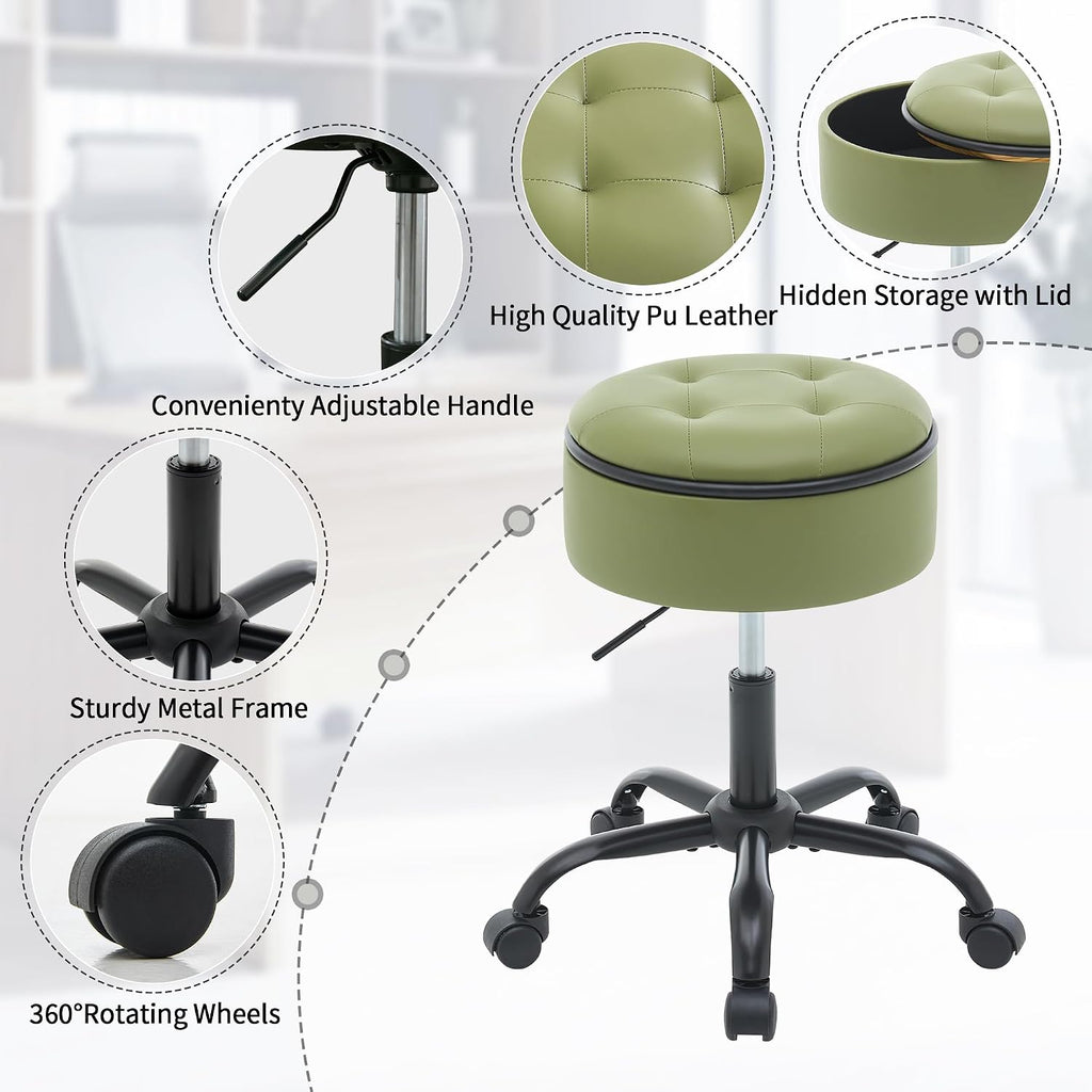 FIRAVOE Rolling Stools with Wheels (Chair & Small Table in One) (Adjustable Height Barber Chair 20.67"-24.61"), Green Ergonomic Stool with Storage