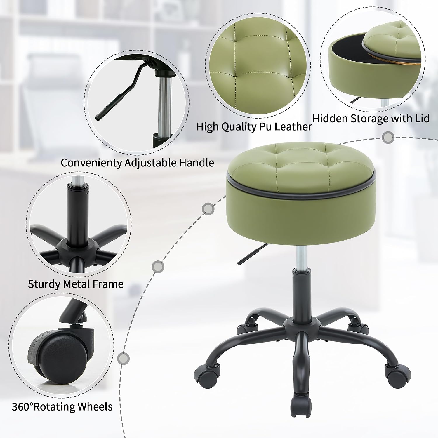 FIRAVOE Rolling Stools with Wheels (Chair & Small Table in One) (Adjustable Height Barber Chair 20.67"-24.61"), Green Ergonomic Stool with Storage