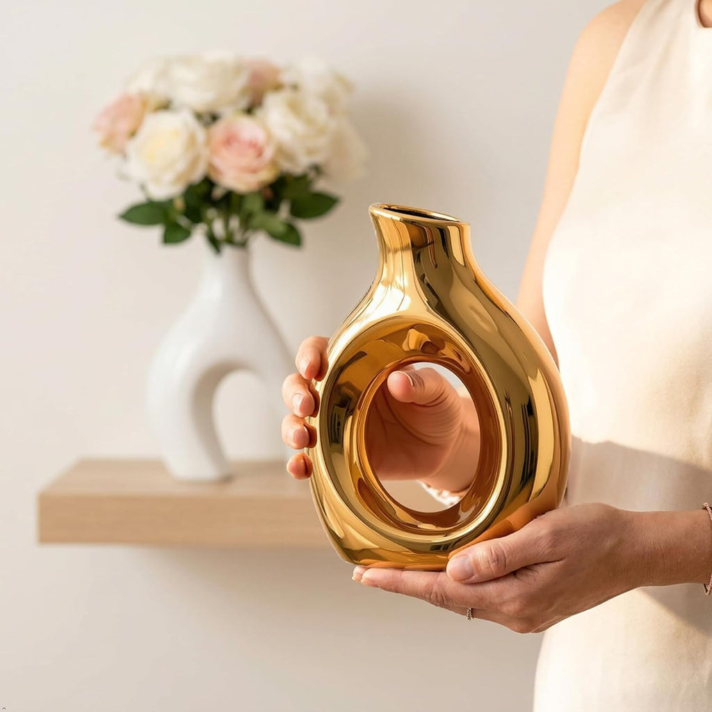 White and Gold Vases, Set of 2 vases Flowers, Pretty Vase Home Decor Boho, Hollow Modern Ceramic vase for Centerpieces (8.46" H & 6.5" H)