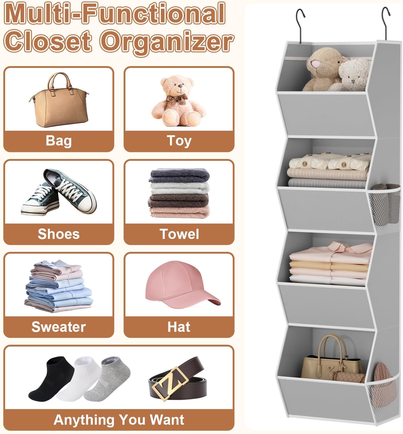 Wawocs 4 Shelf Hanging Closet Organizers and Storage for Kids 2 Packs, Grey | Hanging Shelves for Closet Organization, Hanging Closet Storage for Wardrobe Organizer, Closet Hanging Organizer for Bedroom