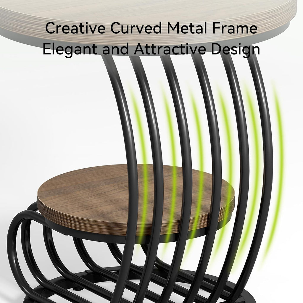 LITTLE TREE Round Side Table, Wood End Table with 2-Tier Storage Shelf, Accent Coffee Table, Creative Curved Metal Frame End Table for Small Spaces, Living Room, Bedroom, Light Brown + Black