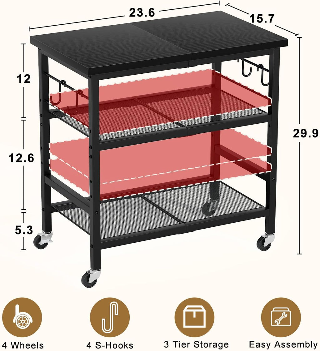 Rolling Kitchen Microwave Cart, 3 Tier Microwave Stand with Wheels, Bathroom Organizers and Storage Shelf, Coffee Bar Table Station, Utility Side Table for Living Room Office (Black)