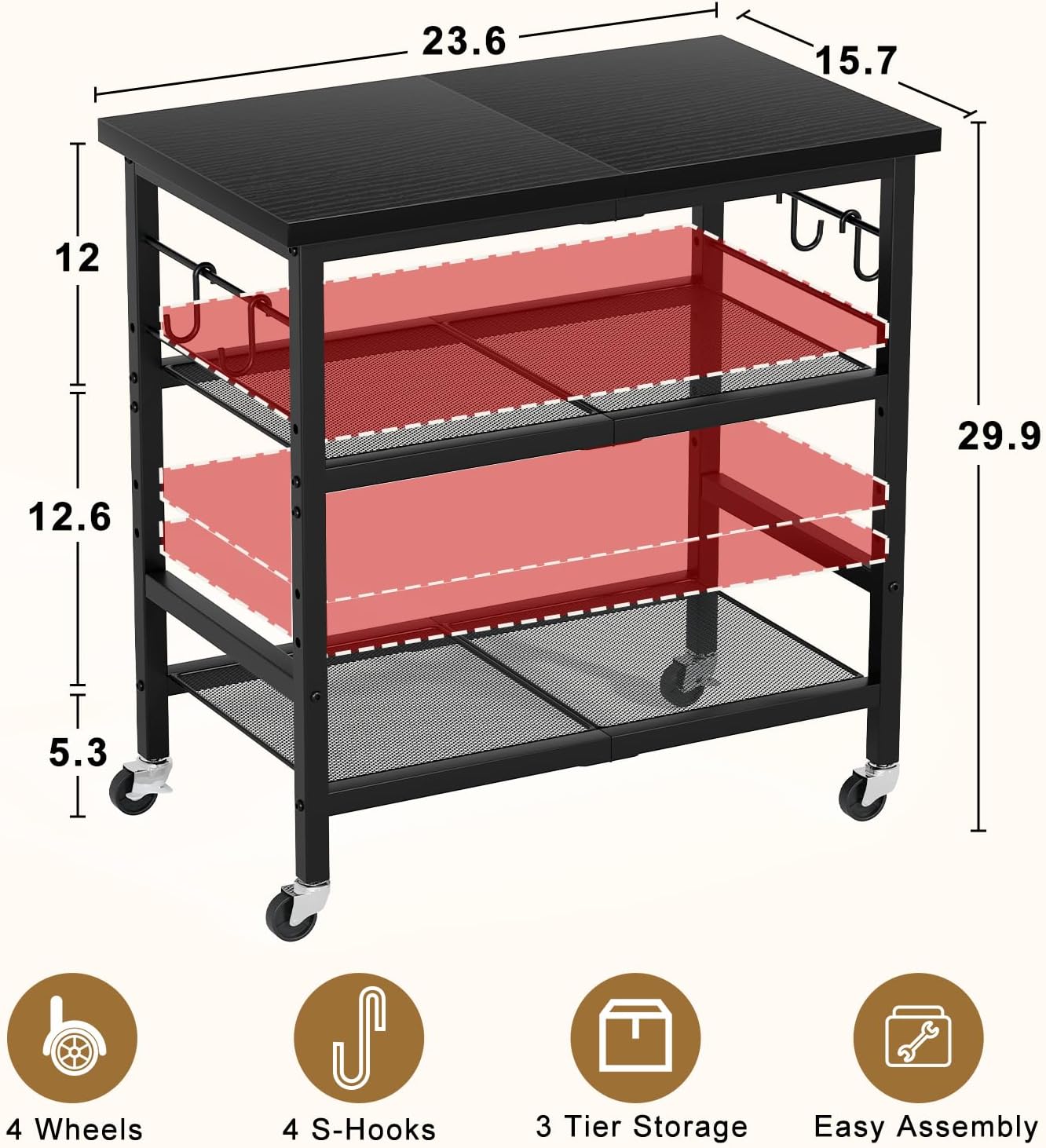 Rolling Kitchen Microwave Cart, 3 Tier Microwave Stand with Wheels, Bathroom Organizers and Storage Shelf, Coffee Bar Table Station, Utility Side Table for Living Room Office (Black)