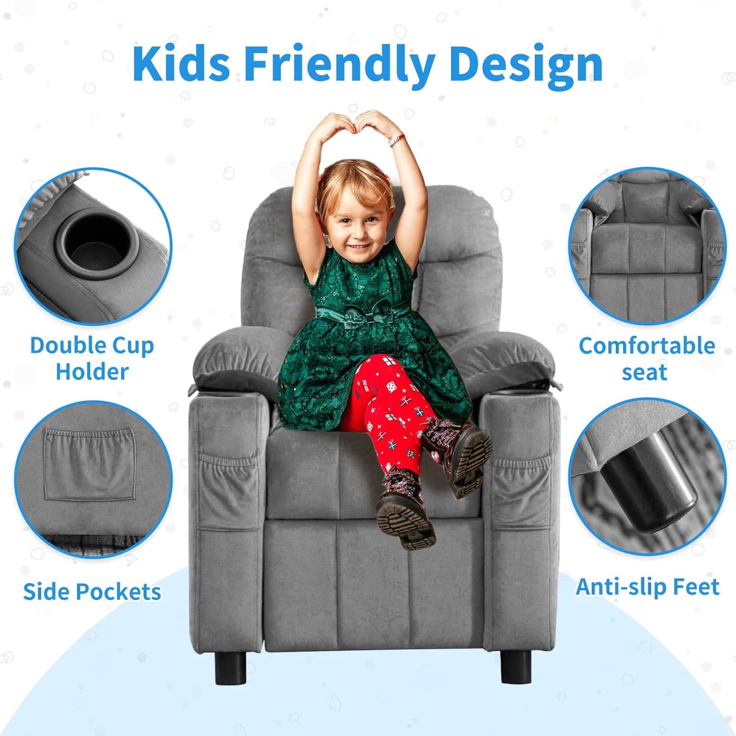Kids Recliner, Toddlers Kids Recliner Chair with Cup Holder, Ergonomic Adjustable Velvet Lounge Chair with Footrest & Side Pockets, Toddlers Baby Sofa for Boys Girls Bedroom (Gray)