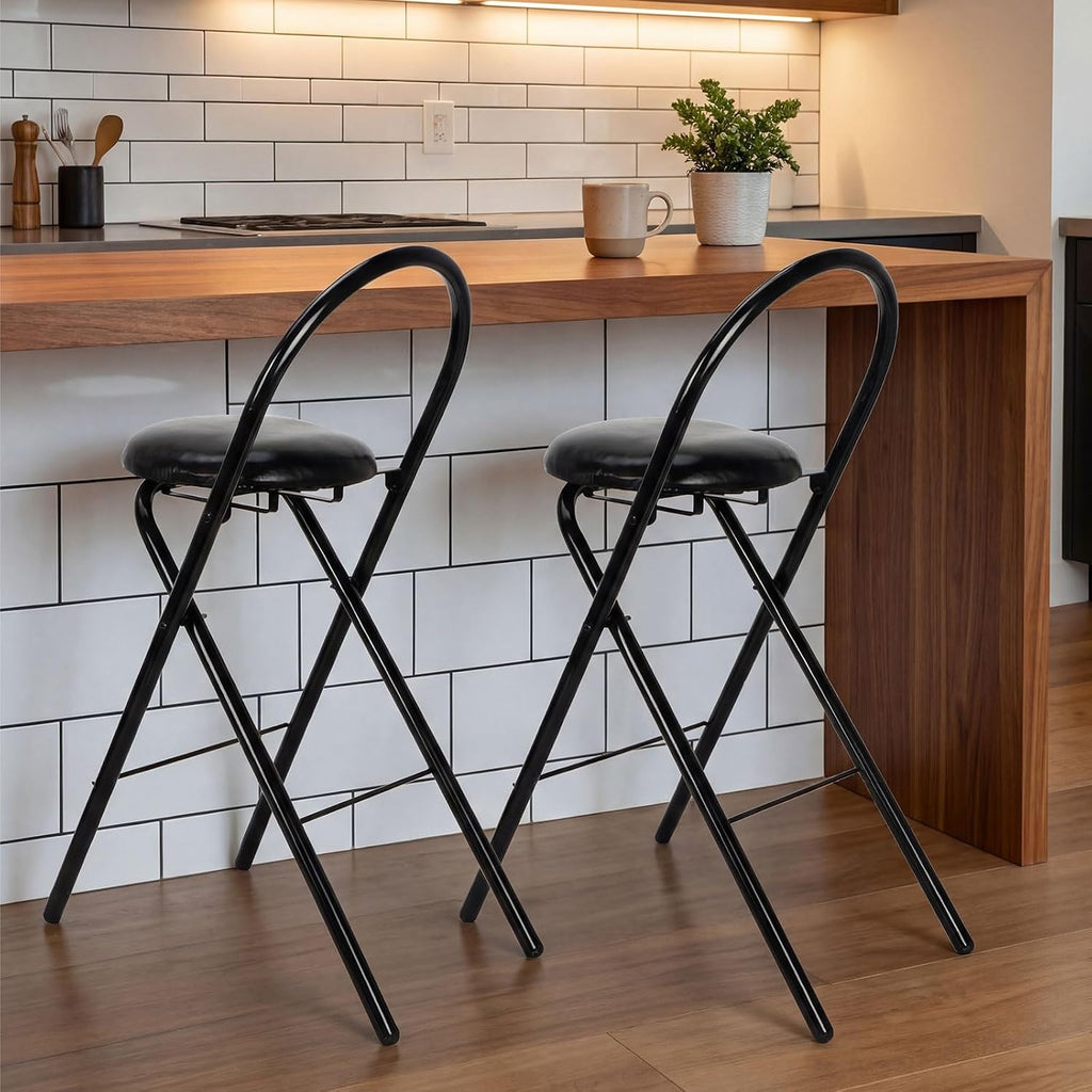 CroBlissful 4 Pcs 24 Inch Folding Bar Stool with Backrest, Leather Padded Folding Stools for Adults up to 350lbs, Collapsible Round Counter Height Stool Chair for Camping Kitchen Shop Cafe (Black)