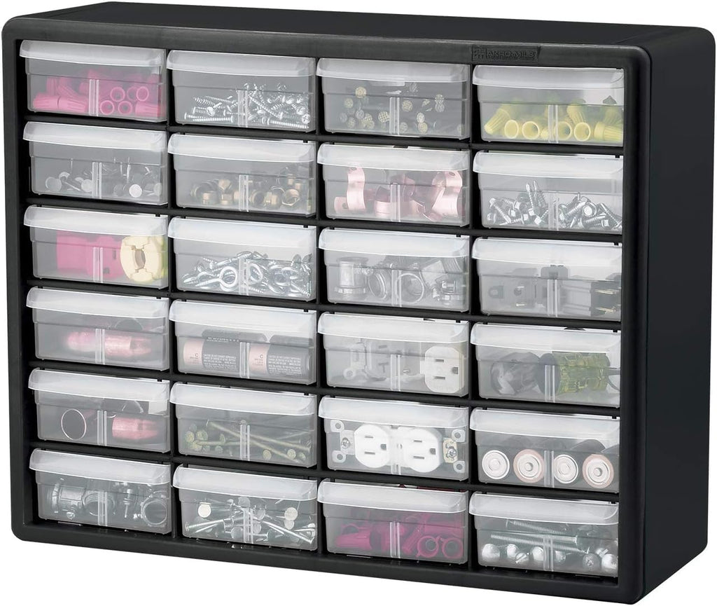 Akro-Mils 24-Drawer Plastic Drawer Storage Cabinet for Garage Organization, Bead Organizer, Building Bricks Storage, Teacher Toolbox, Makeup Organizer, 20" W x 6" D x 16" H, 10724 Black