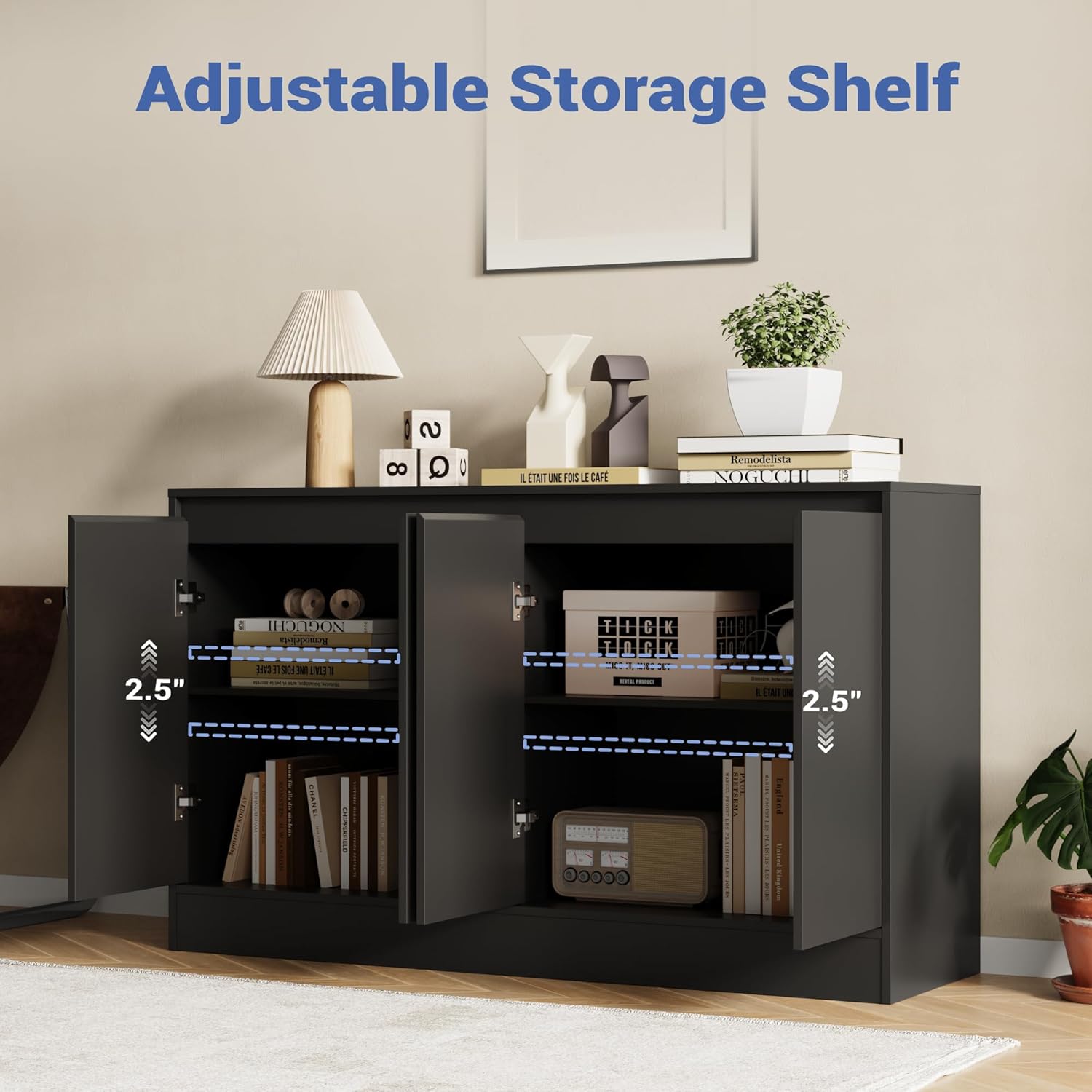 Housoul Buffet Cabinet with Storage, Coffee Bar Cabinet with 4 Doors and Adjustable Shelf, Modern Kitchen Buffet Sideboard for Kitchen, Black