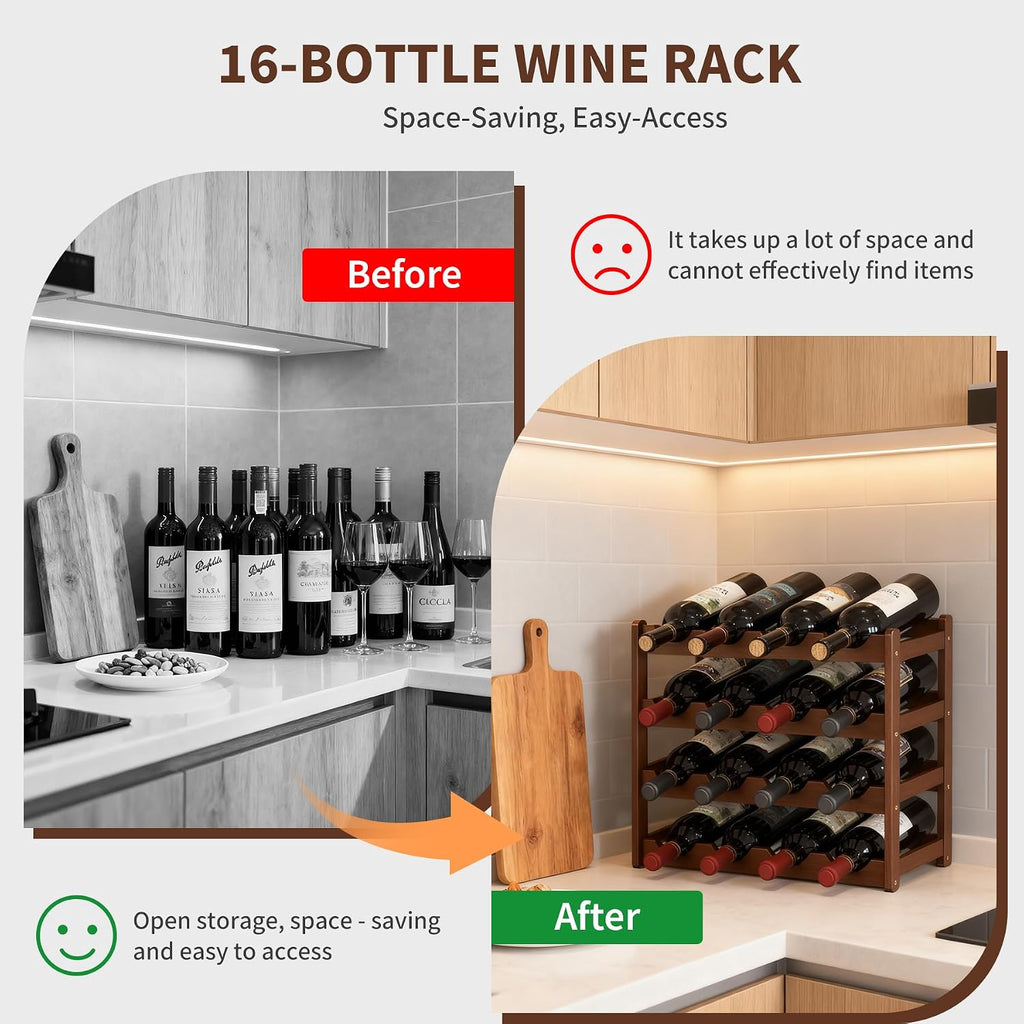 Wine Rack 16-Bottle Capacity, Space-Saving Countertop Wine Storage Organizer – Sturdy Bamboo Wine Holder for Kitchen, Bar,Cabinets & Pantry, Easy Access & Clutter-Free Organization(4-Tiers)