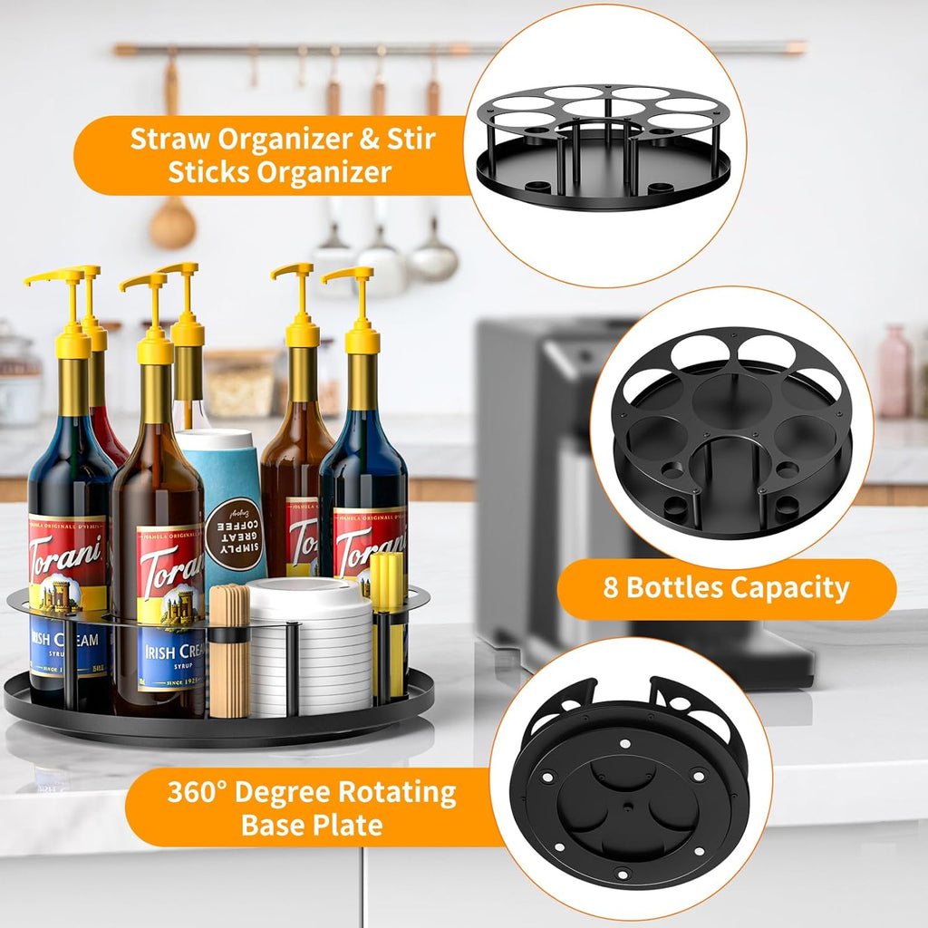 Coffee Syrup Organizer 8 Bottles, Rotating Coffee Syrup Holder with Stirrers Storage for Syrup Bottles, Cup and Lid, Wine Display, Syrup Rack Stand for Coffee Bar Organizer, Kitchen
