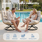 SWITTE Outdoor Rattan Swivel Chair with Thick Cushion, 360°Rotating Wicker Patio Rocking Lounge Chair, Stable Steel Base for Backyard, Balcony, Living Room-Cream