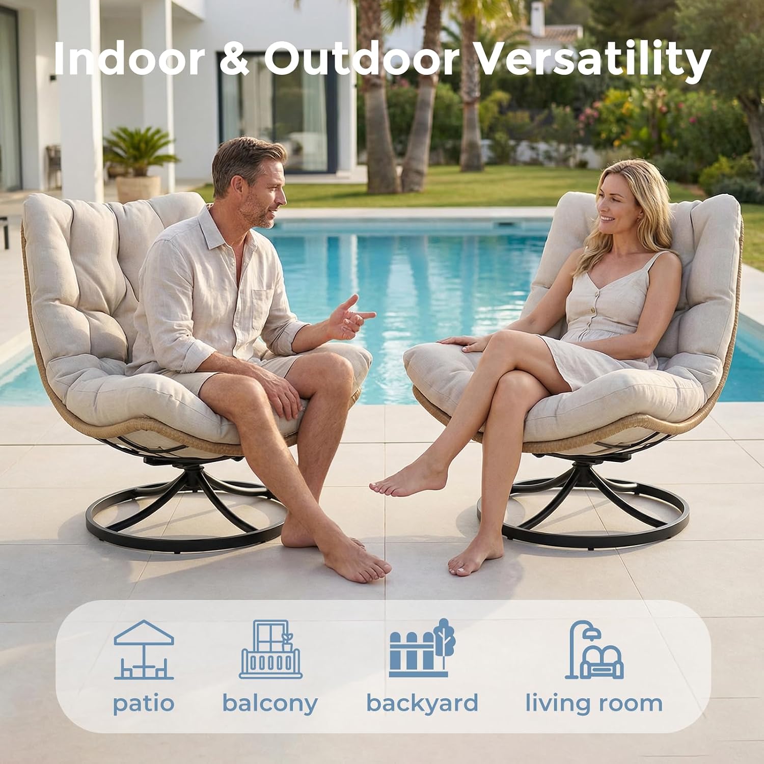 SWITTE Outdoor Rattan Swivel Chair with Thick Cushion, 360°Rotating Wicker Patio Rocking Lounge Chair, Stable Steel Base for Backyard, Balcony, Living Room-Cream