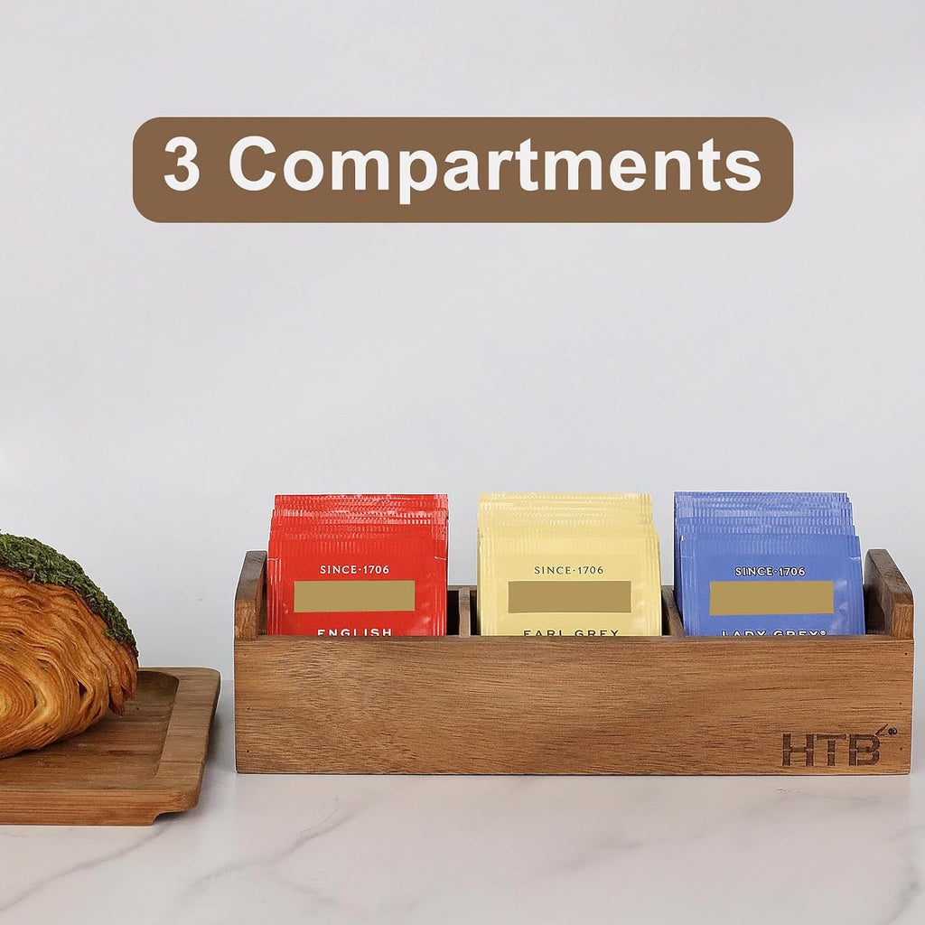 HTB Acacia Wood Small Tea Bag Box with 3 Compartments for Counter Drawer | Tea Bag Chest with Handle, Mini Countertop Divided Storage Container for Beverage Supplies, Sugar, Sweeteners