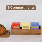 HTB 2 Pack Acacia Wood Small Tea Bag Box with 3 Compartments for Counter | Tea Bag Chest with Handle, Mini Countertop Divided Storage Container for Beverage Supplies, Sugar, Sweeteners