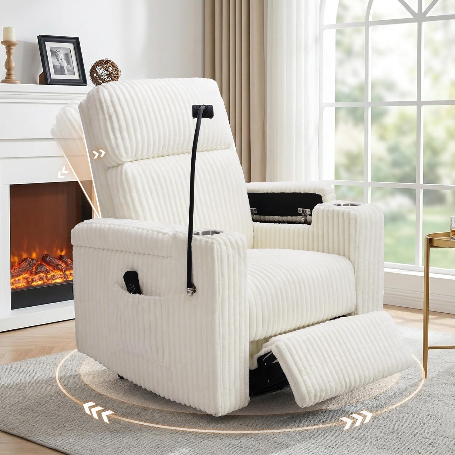 ABCASA Power Recliner Rocking Chair Nursery Glider, Swivel Reclining Nursery Rockers for Baby Room & Living Room, Corduroy Chair with Phone Holder, USB/Type-C Ports, Arm Storage, White