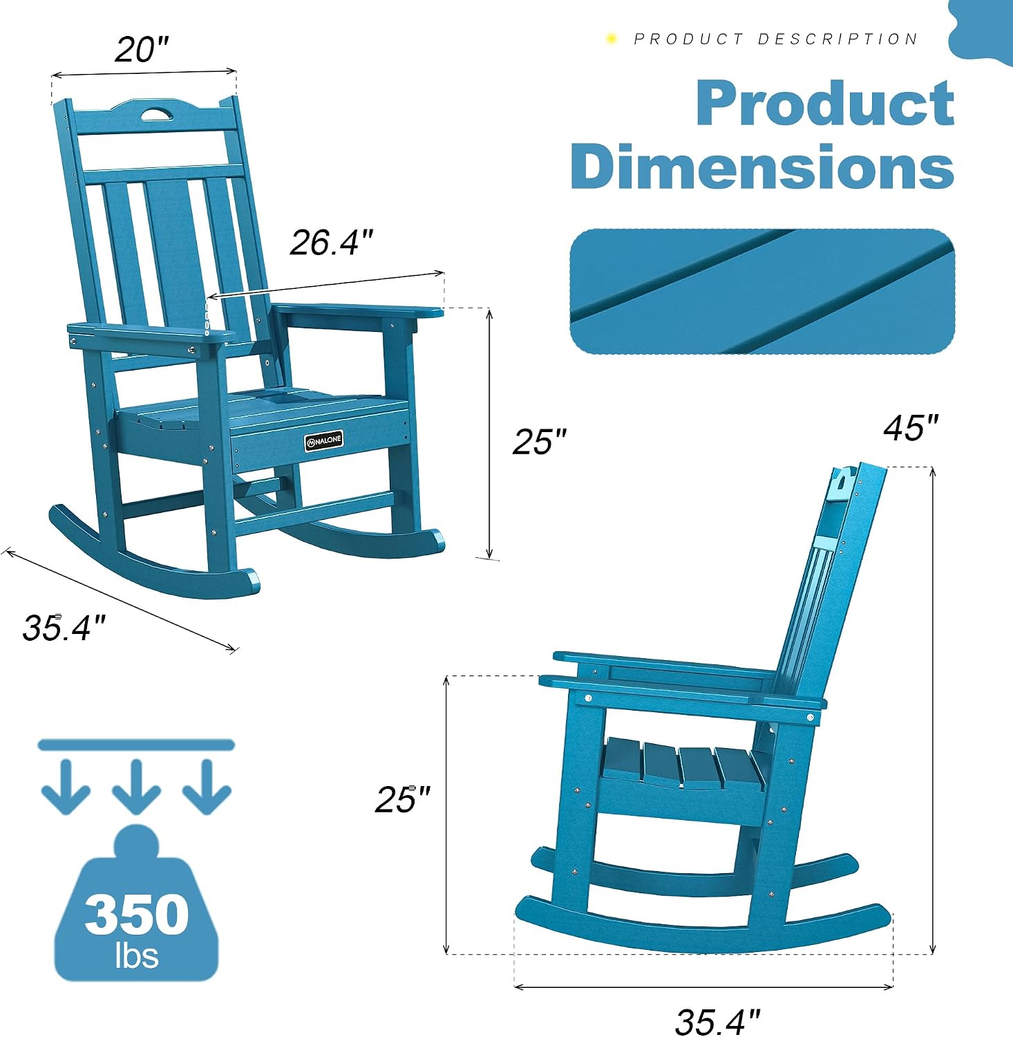 nalone Outdoor Rocking Chairs Set of 2, Oversized Porch Rocker Chair for Adult, All-Weather Resistant Patio Rocking Chair for Garden Lawn (Blue)