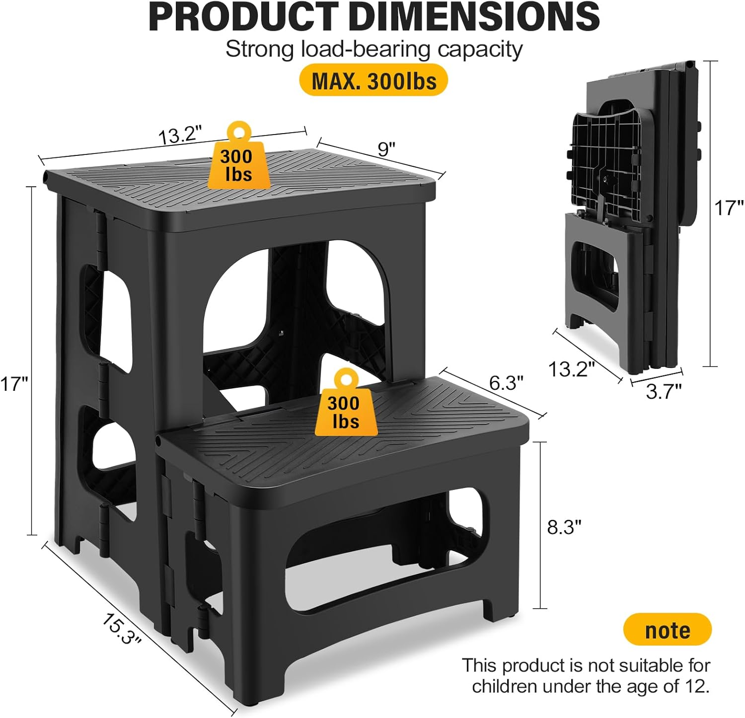 Folding 2-Step Stool for Adults, Non-Slip Collapsible Footstool for Office, Portable Bedside Step Stool, Hold up to 300 lbs, Lightweight & Foldable Step Ladder for Pool Office Home RV