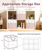 12x12 Storage Cube Bins, 6 Pack Reinforced Bottom Cardboard Foldable Box, Organizer for Closet Shelves, Heavy Home Storage Baskets (White Pink)