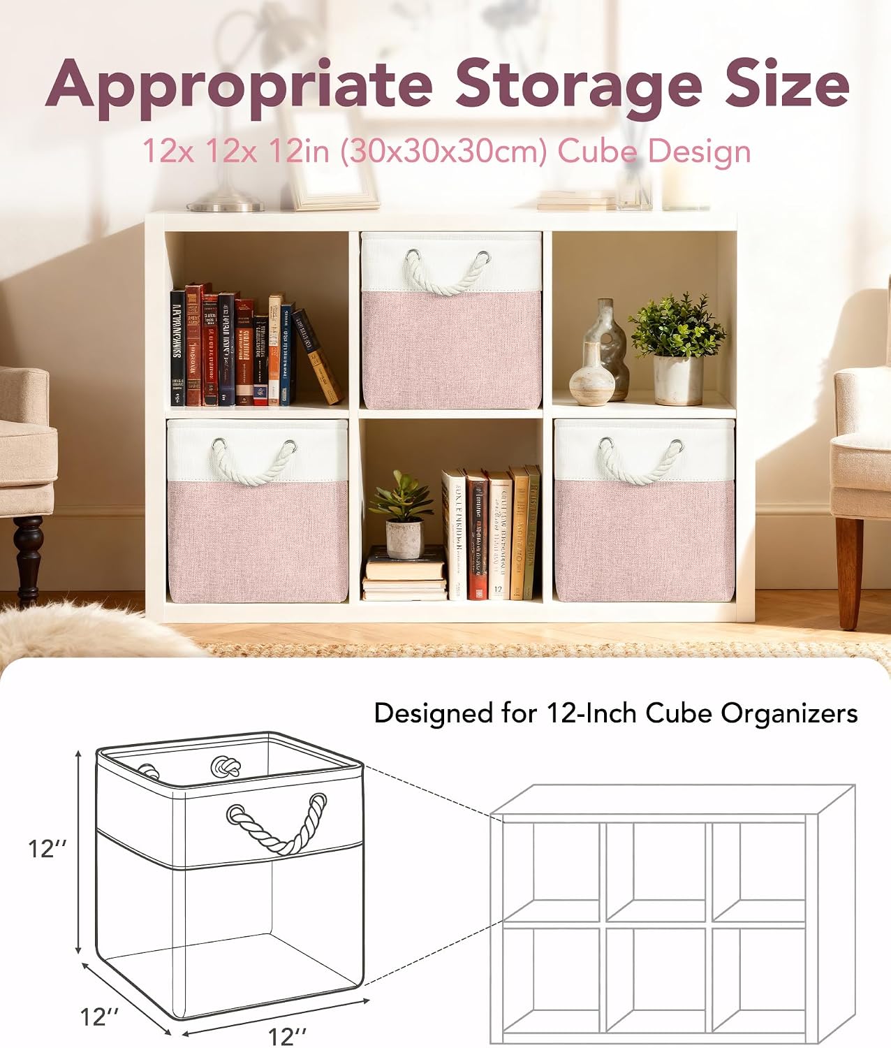 12x12 Storage Cube Bins, 6 Pack Reinforced Bottom Cardboard Foldable Box, Organizer for Closet Shelves, Heavy Home Storage Baskets (White Pink)