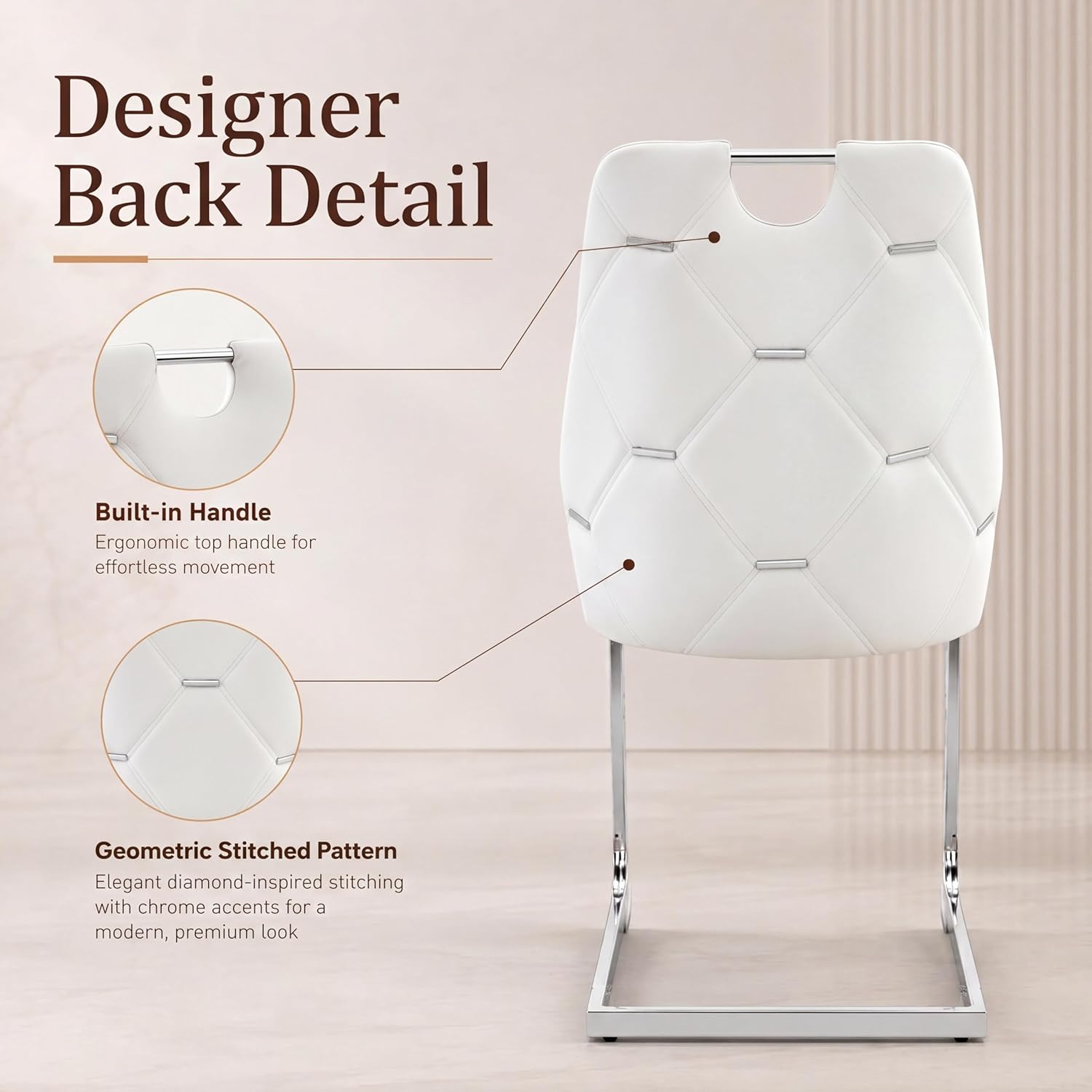 Dining Room Chairs Set of 6, Sillas para Comedor, Modern Dining Chairs Set of 6 with Leather,Geometric Tufted Back,Chrome Leg,Ergonomic Design,Easy to Clean,for Kitchen,Living Room(White,6)