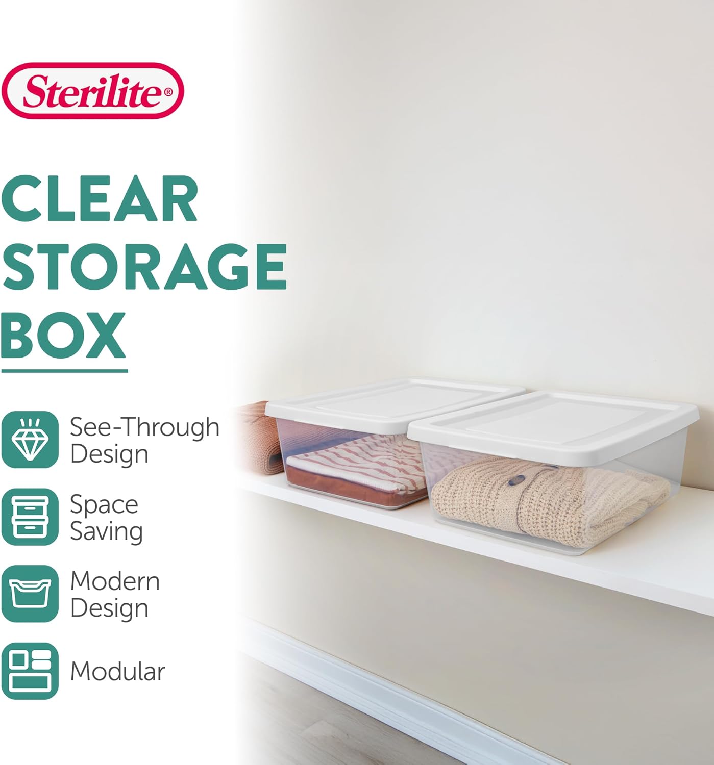 Sterilite 30 Pack Storage Box, 12 Quart Stackable Tote, Clear Plastic Container with Secure Snapping Lids for Home and Office Organization, White