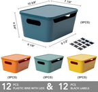 Tiawudi 12 Pack 4.5L Storage Bins with Lids, Plastic Storage Baskets for Home Classroom Organization, Multi-Use Organizer Bins for Cabinet, Pantry, Drawer, Countertop or Shelves, Colorful Containers